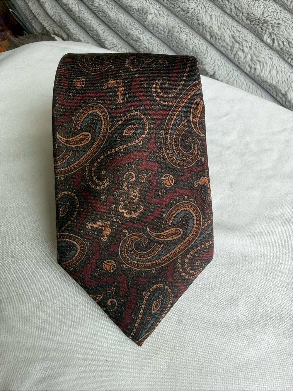 Vintage Sueded Silk Men's Burgundy Paisley Tie Brown Accents Christian St. John